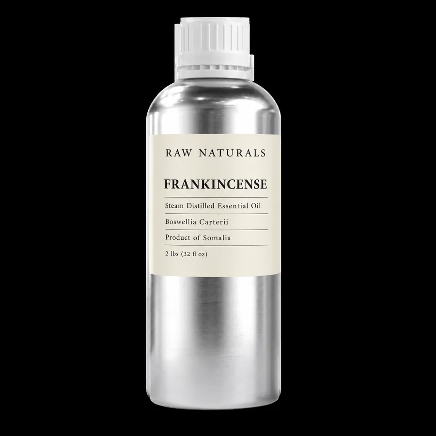 Raw Naturals frankincense essential oil in a 2 lb aluminium bottle, steam distilled from Boswellia carterii, product of Somalia